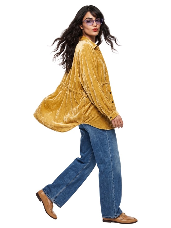 Wishlist Tops - WISHLIST Gold Crushed Velvet Long sleeve Button Up collared Tunic length Shirt L